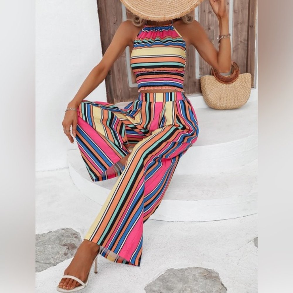 LAST ONE 🔥 Boho Striped Print Halter Top & Wide Leg Pants - Picture 4 of 7